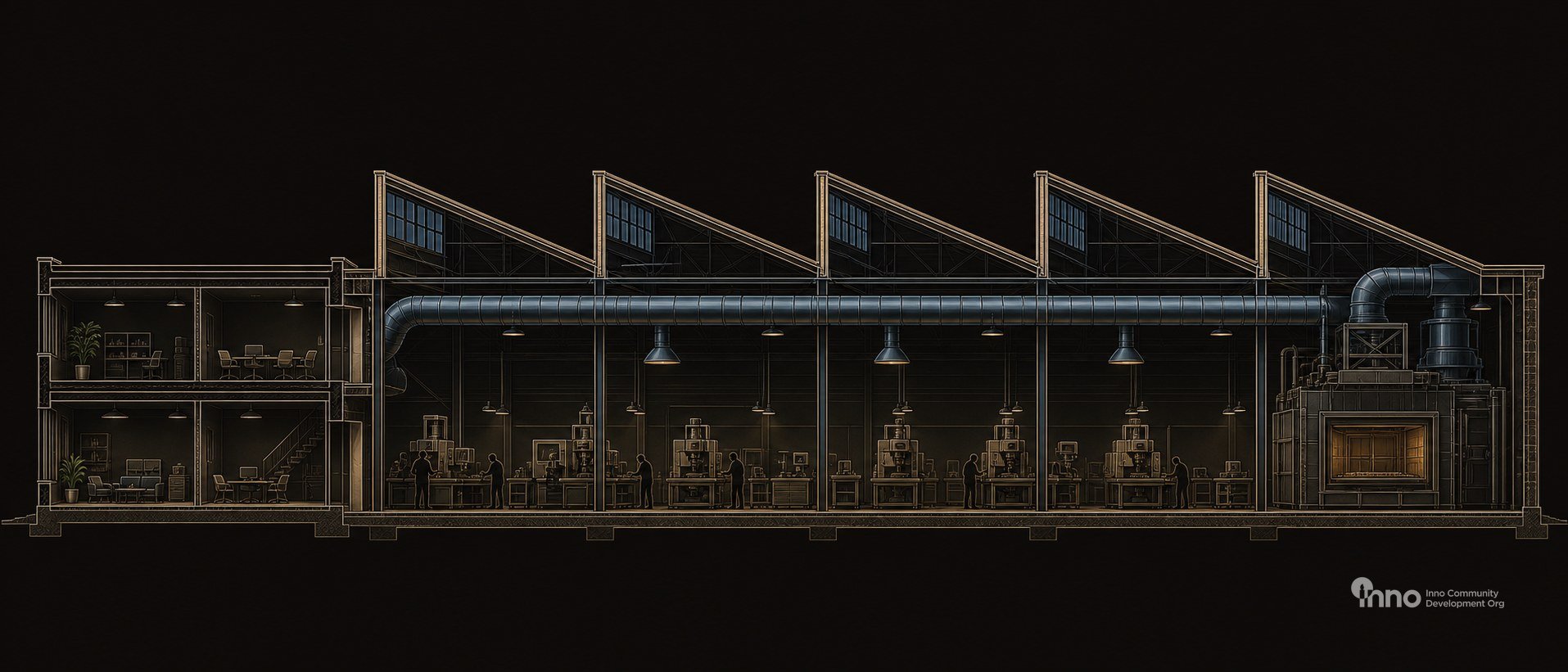 Architectural cutaway of a factory: a two-storey office building on the left, a sawtooth-roofed production hall with an overhead ventilation duct, machine rows and workers, and an industrial oven glowing at the far right.
