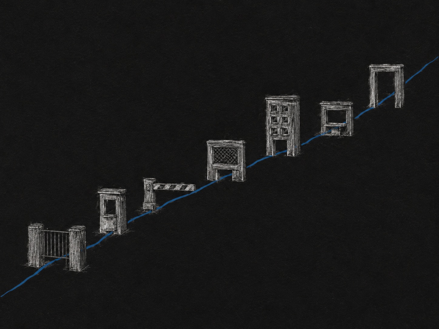 Hand-drawn illustration: one continuous blue line — a worker's journey — passing through seven disconnected institutional gates and checkpoints sketched in white chalk on dark paper.